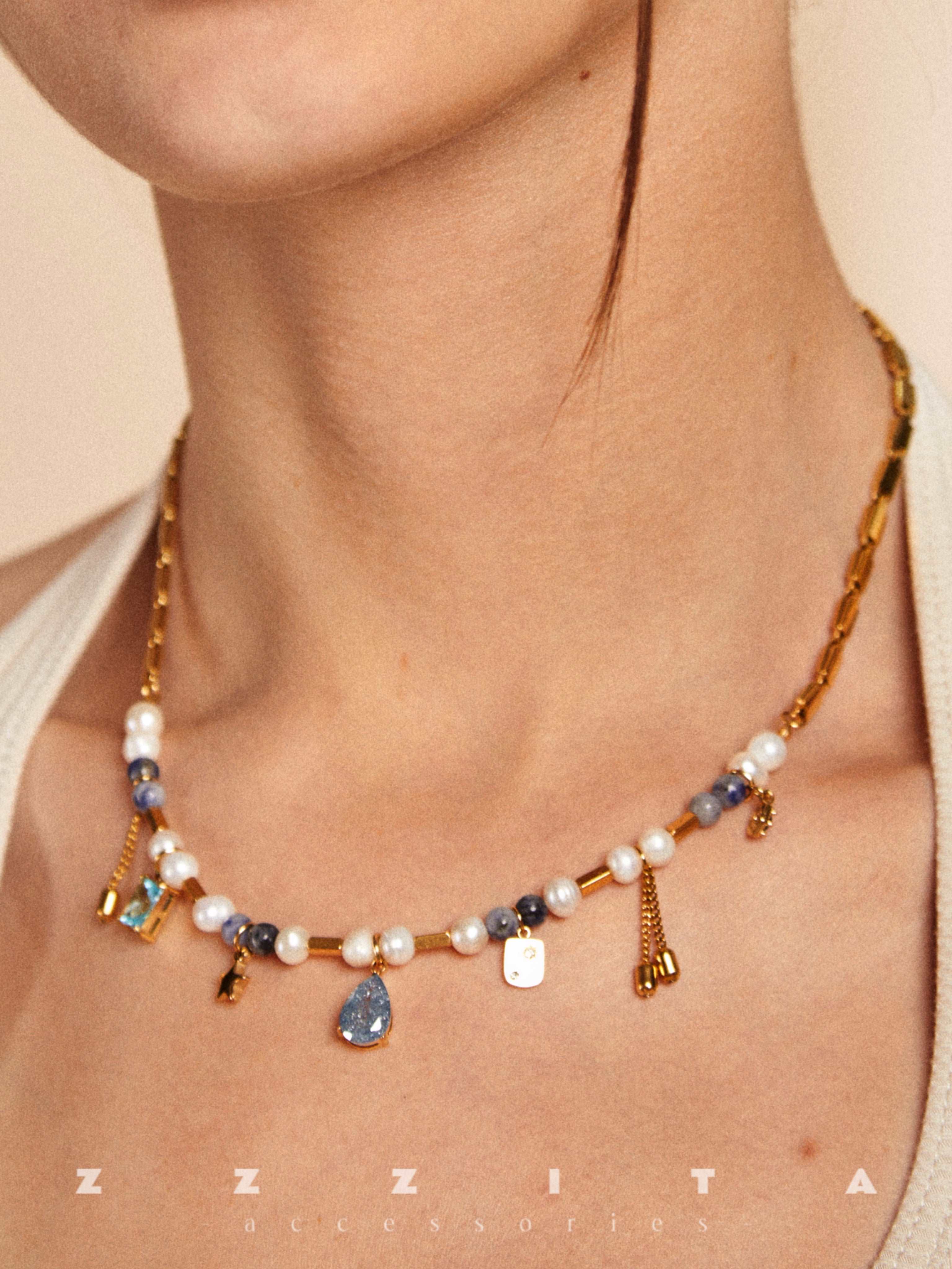 wearing Blue Current Pearl Necklace