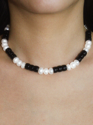 wearing black Camila Pearl Necklace
