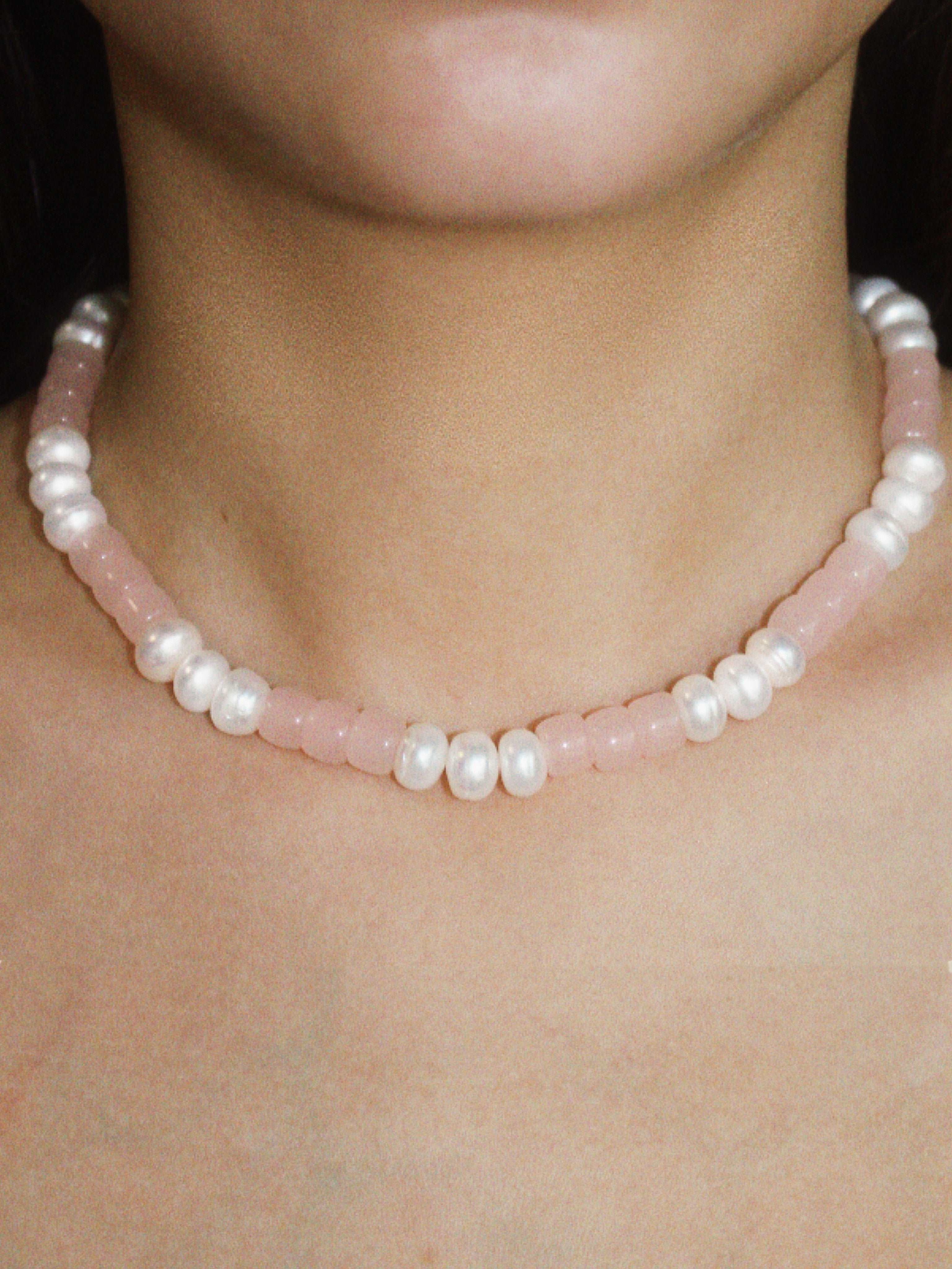 wearing pink Camila Pearl Necklace