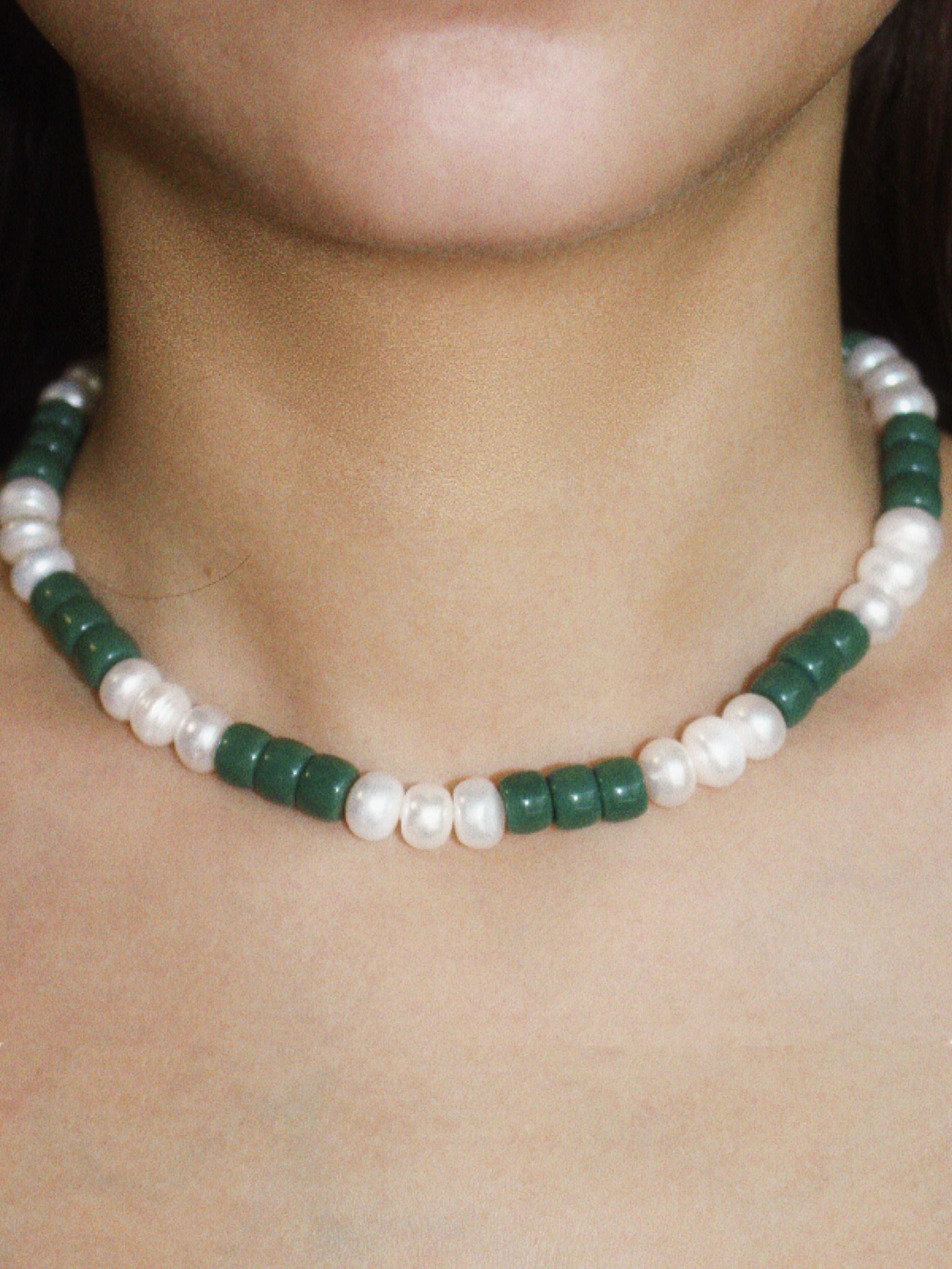 wearing green Camila Pearl Necklace