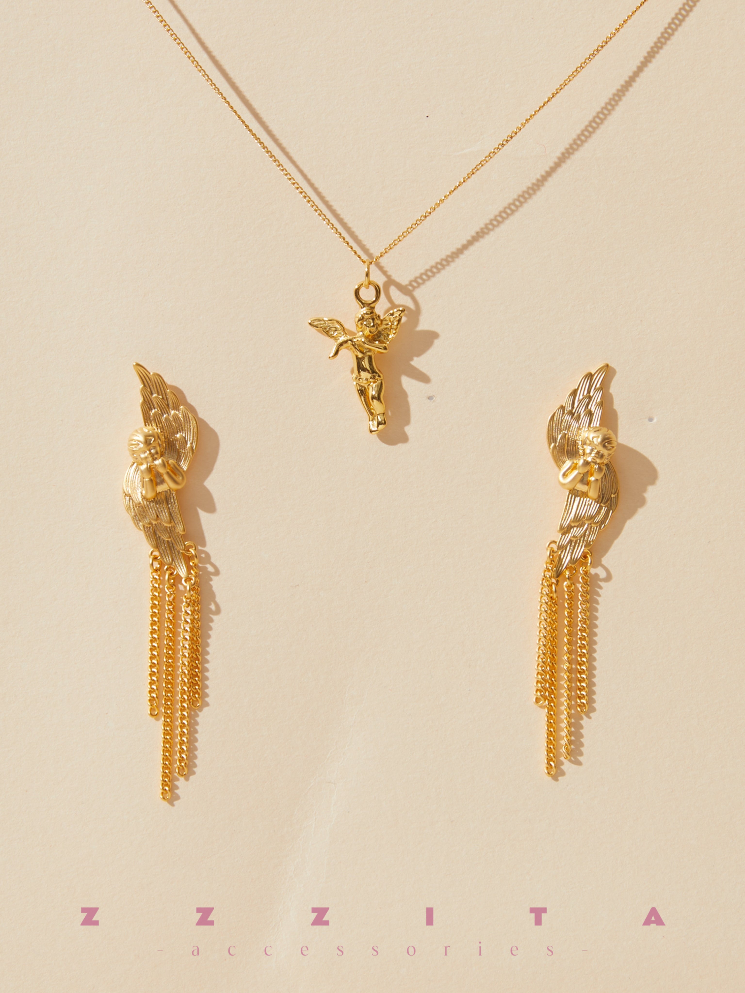 Cupid Angel Necklace and cupid tassel earrings