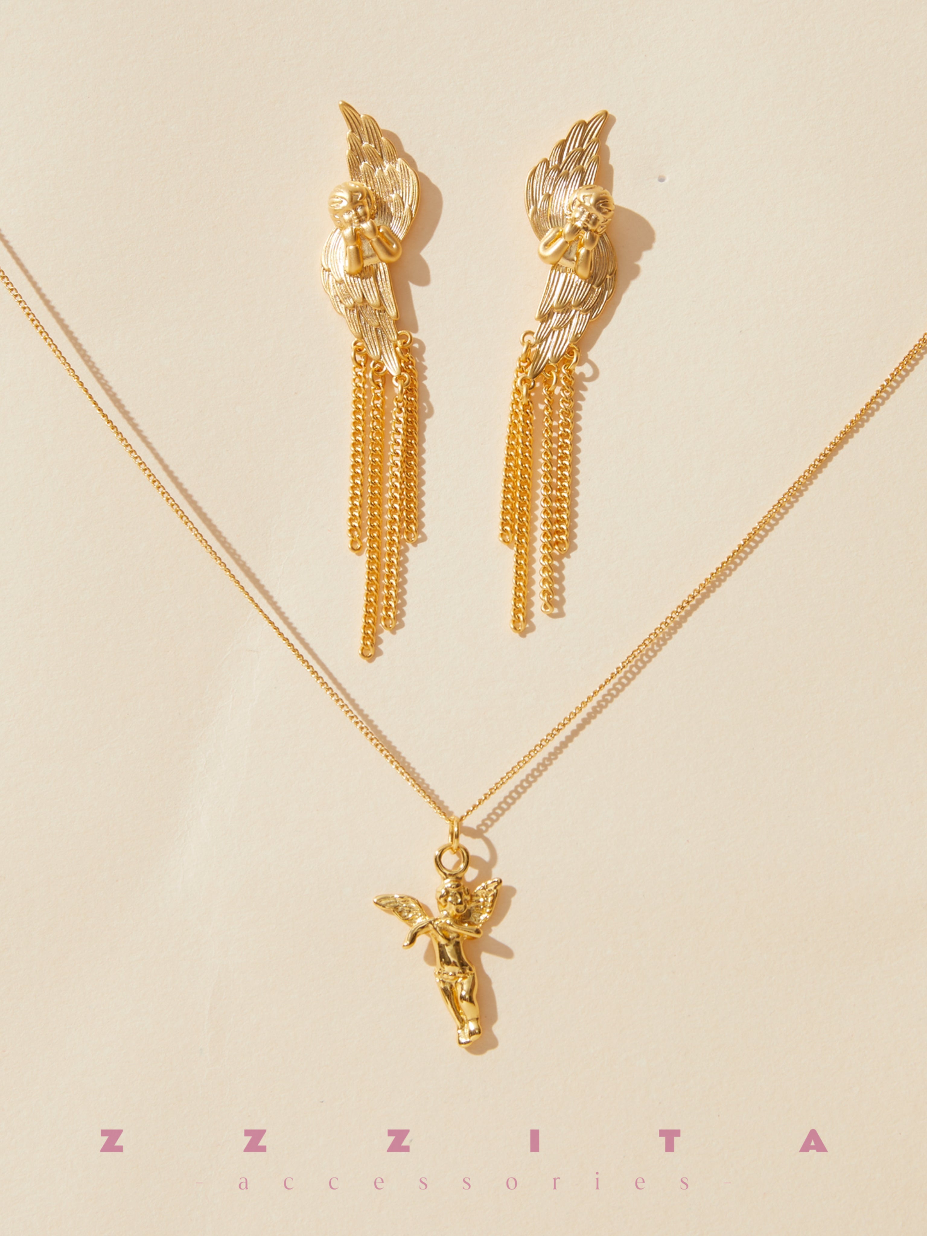 Cupid Tassel Earrings and cupid angel necklace
