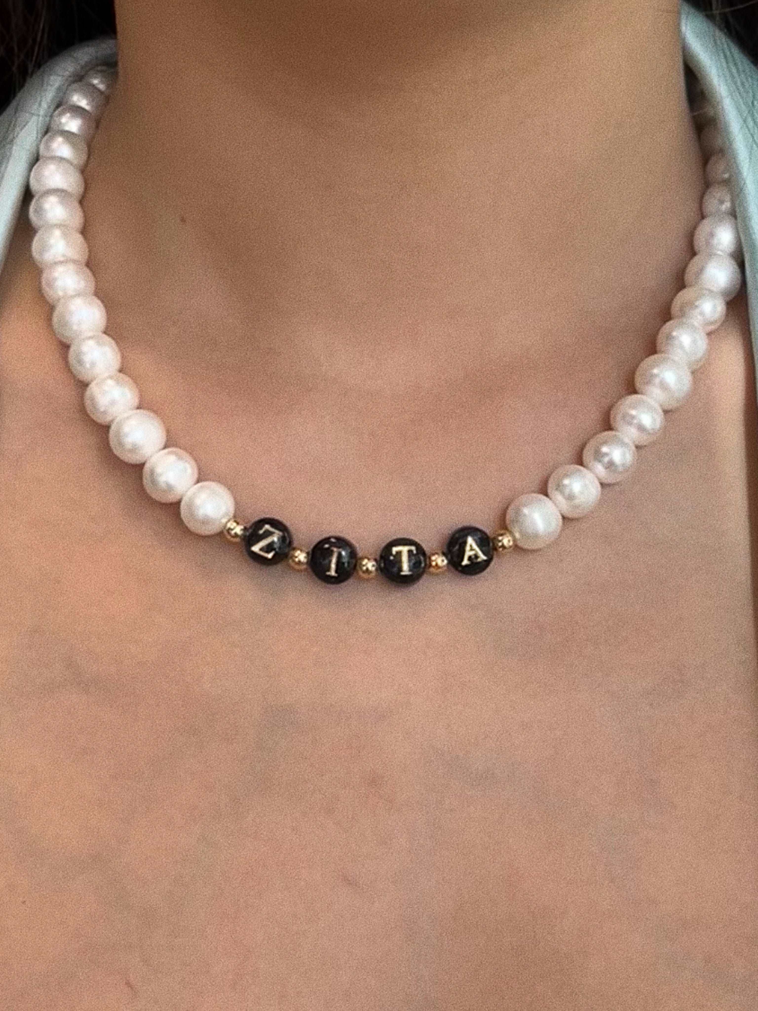 wearing Custom Audrey Pearl Necklace