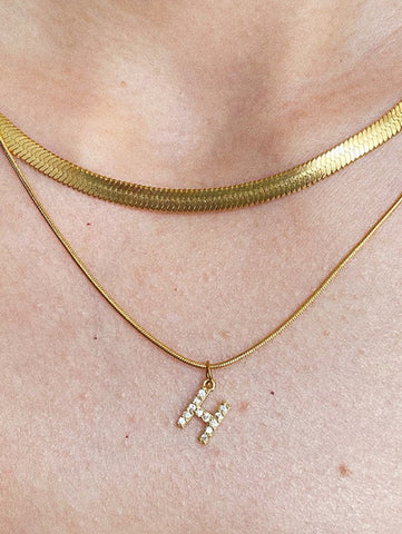 wearing Custom Double Layer Snake Chain Initial Necklace