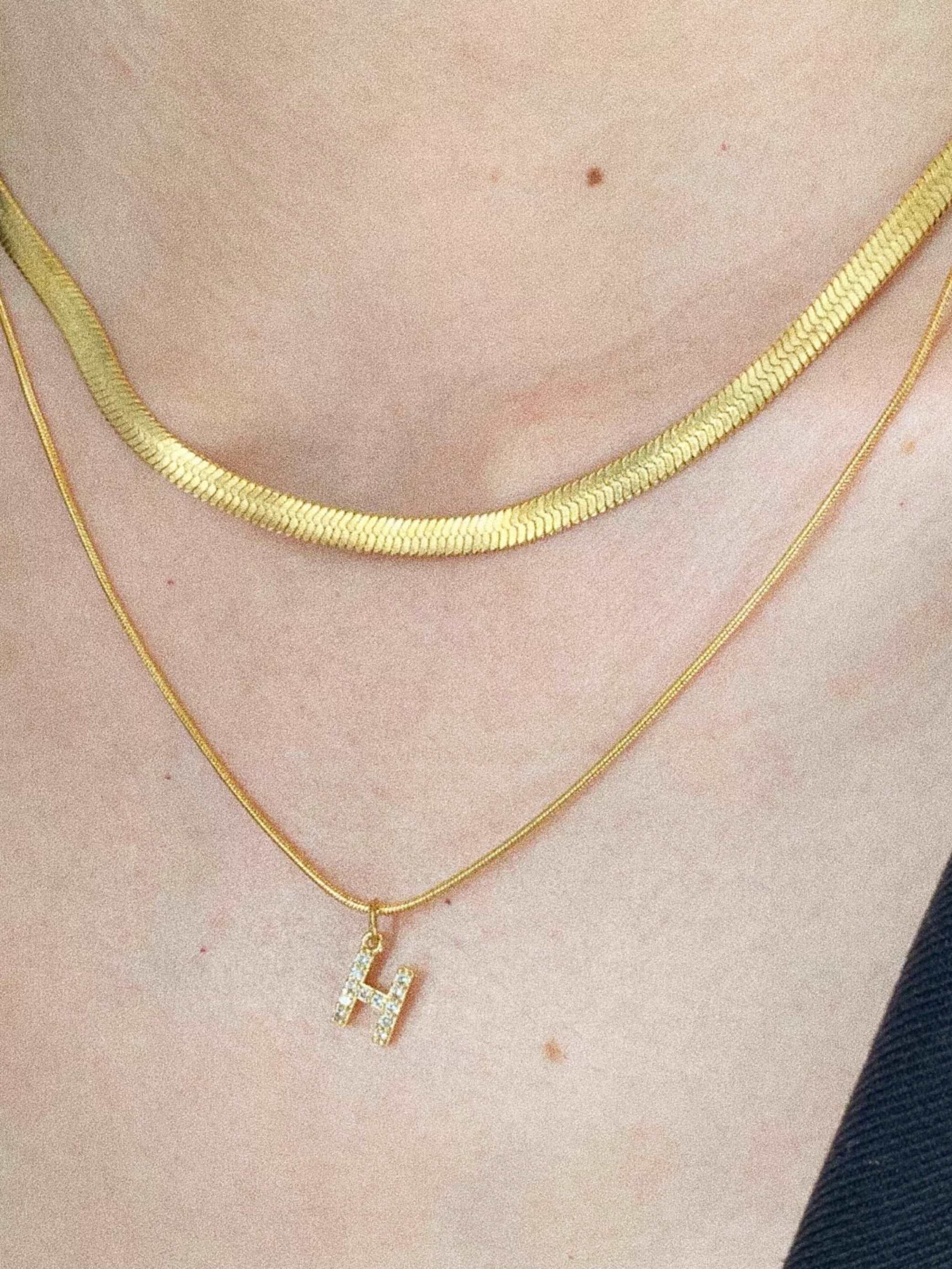 wearing Custom Double Layer Snake Chain Initial Necklace