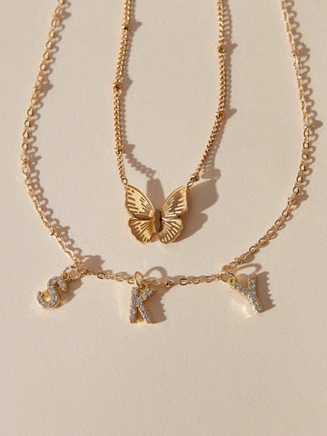 Custom Roxy Letter Necklace and gold butterfly necklace