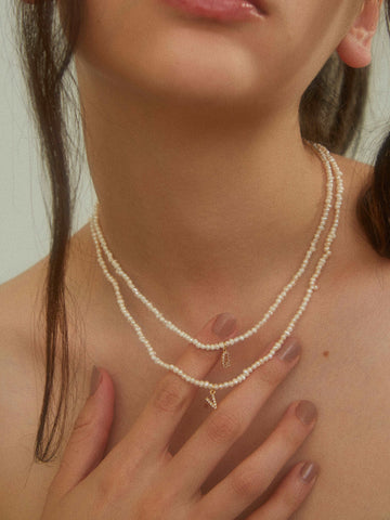 wearing Custom Glitter Initial Mini Pearl Necklace