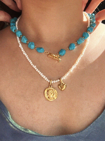wearing Freya Pearl & Turquoise Necklace