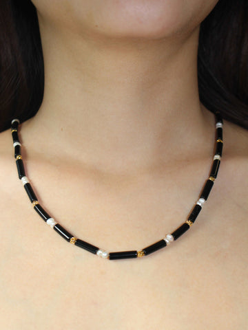 wearing Handmade Black Onyx Bead Necklace