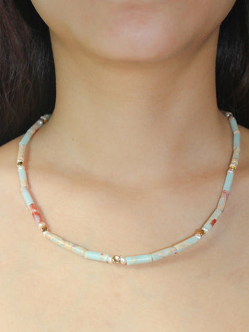 wearing Handmade Blue Imperial Stone Bead Necklace