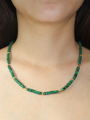 wearing Handmade Malachite Bead Necklace