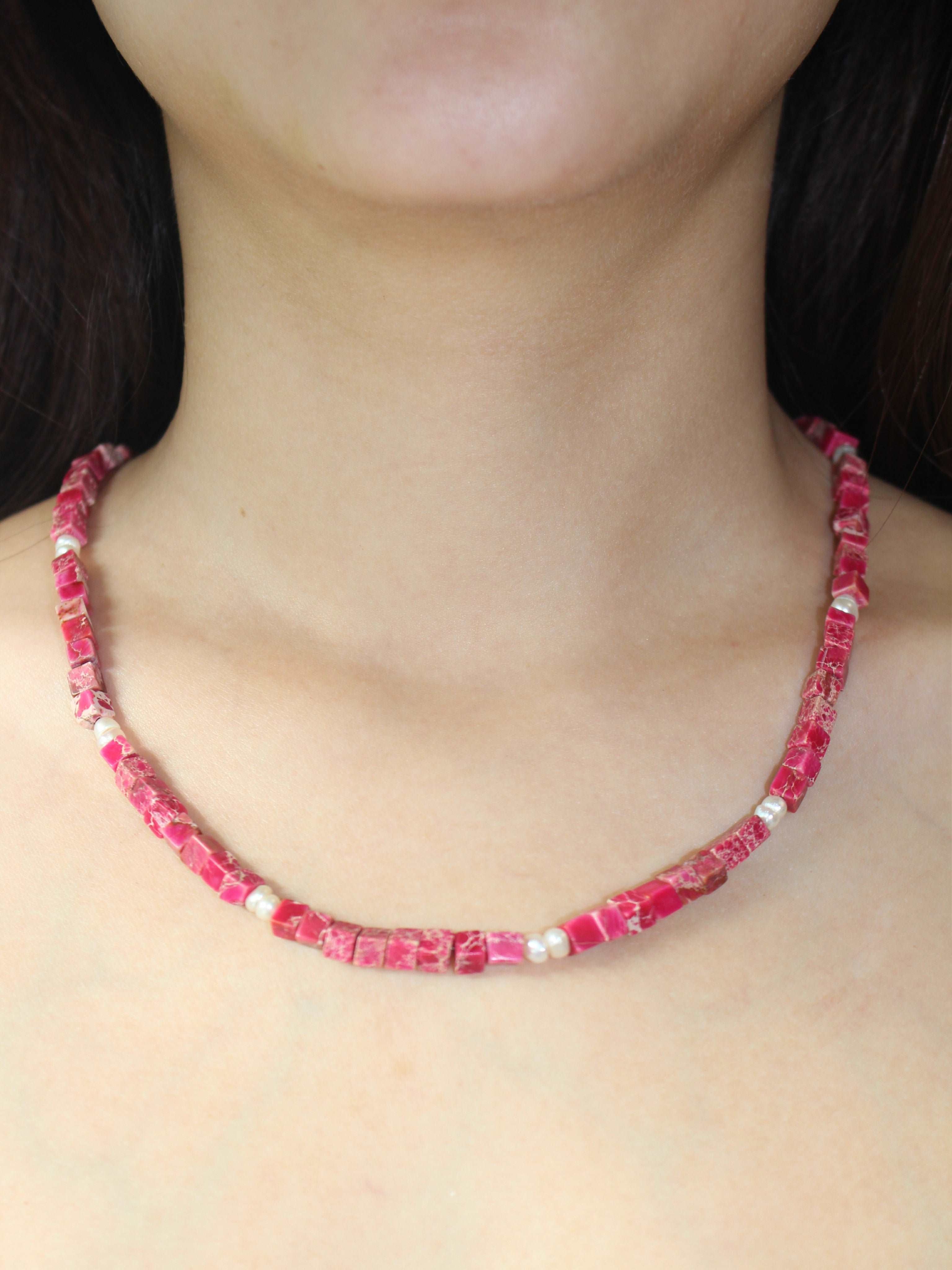 wearing Handmade Rose Imperial Stone Bead Necklace