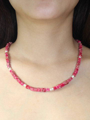wearing Handmade Rose Imperial Stone Bead Necklace