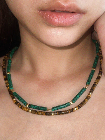 wearing Handmade Malachite Bead Necklace and Handmade Tiger's Eye Bead Necklace
