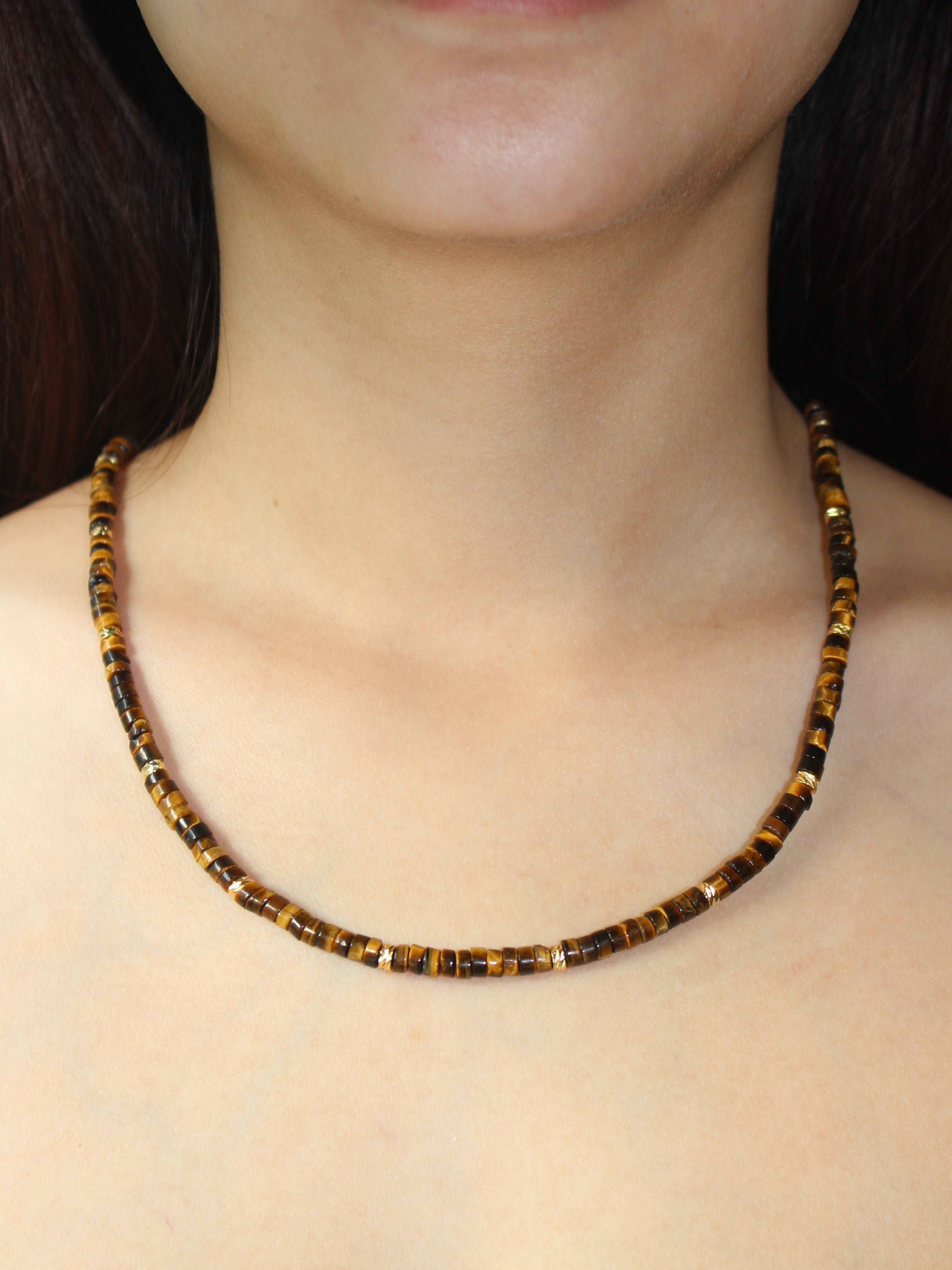 wearing Handmade Tiger's Eye Bead Necklace