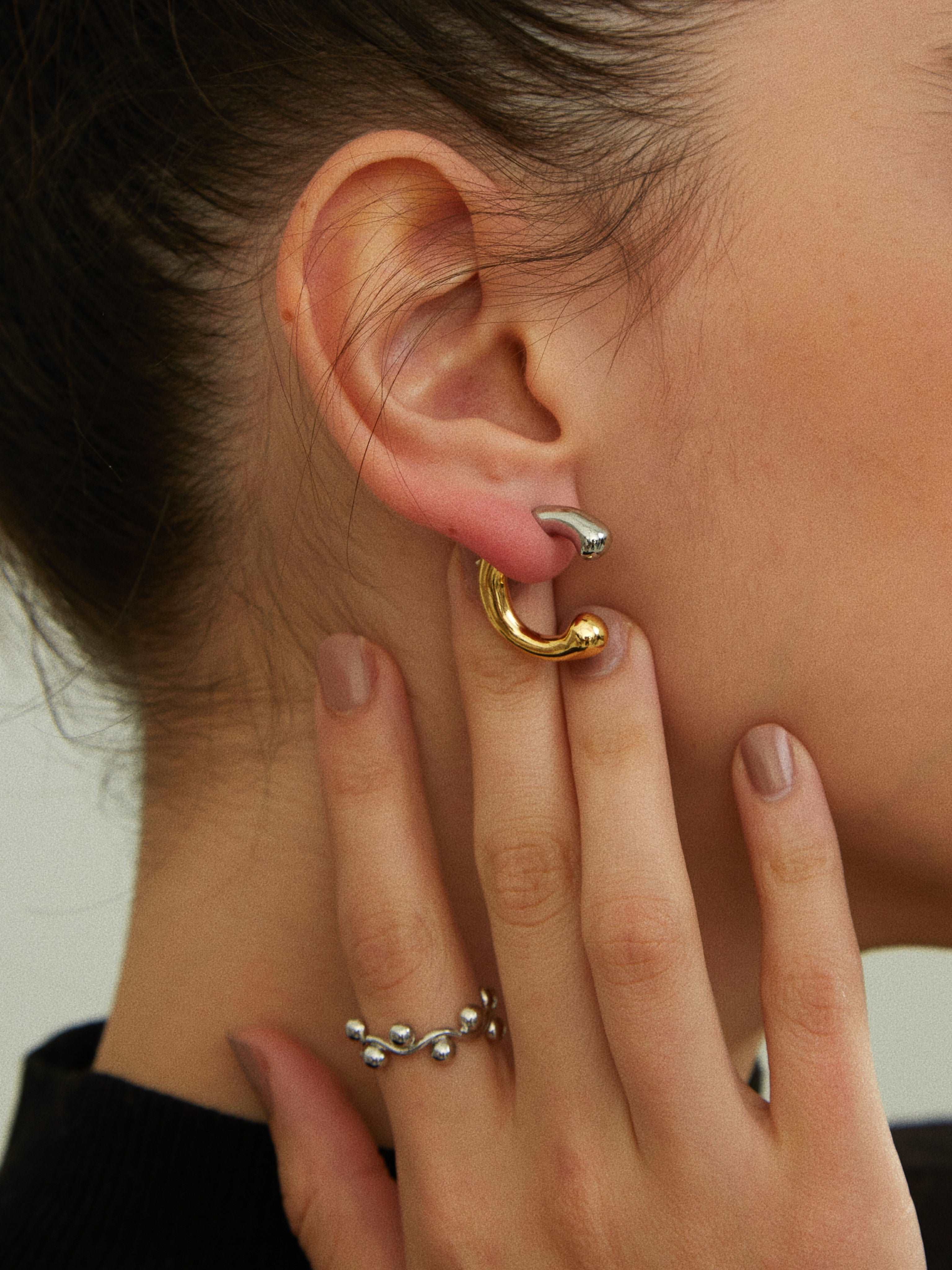 wearing Isabella Contrast Hoops and mini structure ring