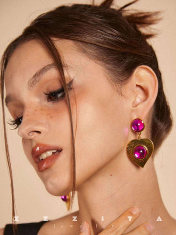 wearing Pink Gemstone Love Earrings
