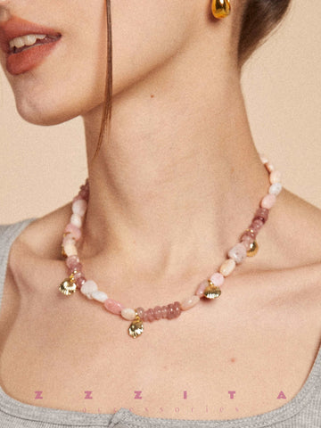 wearing Pink Gemstone Necklace