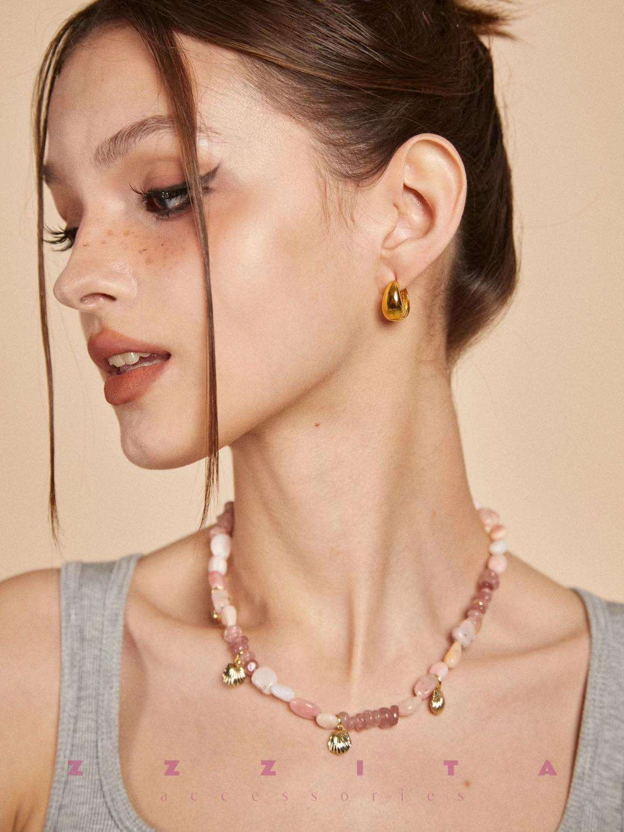wearing Pink Gemstone Necklace