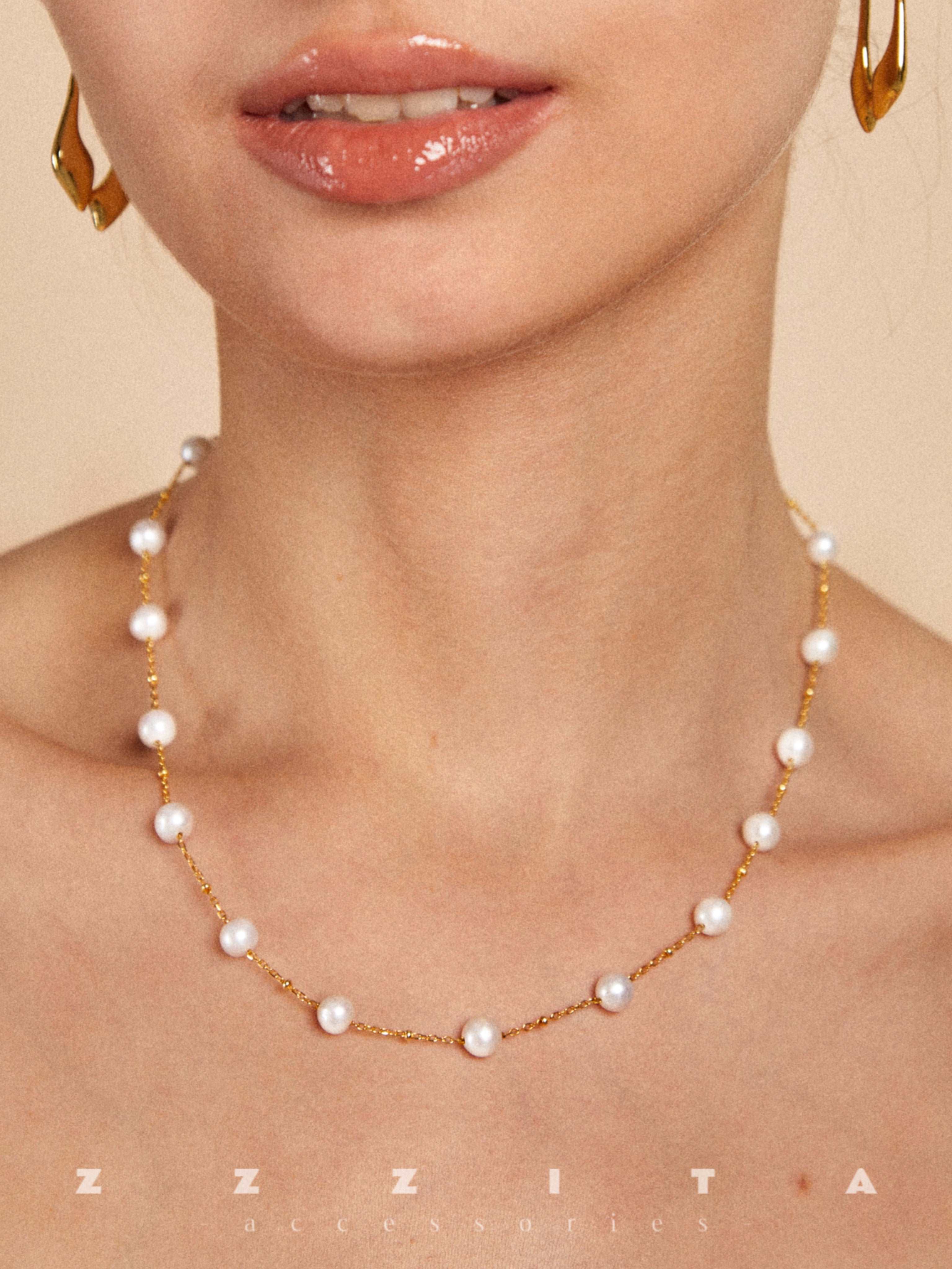 wearing Sophia Pearl Necklace