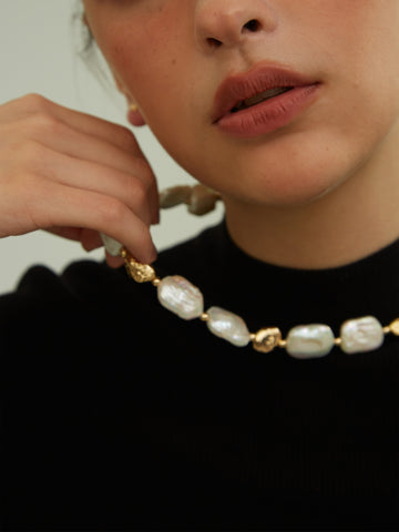 wearing Zoey Baroque Pearl Necklace