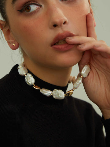 wearing Zoey Baroque Pearl Necklace