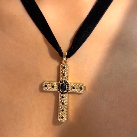 Gold Cross Pendant Suede String Necklace