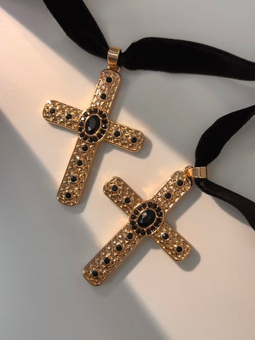 Gold Cross Pendant Suede String Necklace