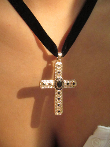 Gold Cross Pendant Suede String Necklace