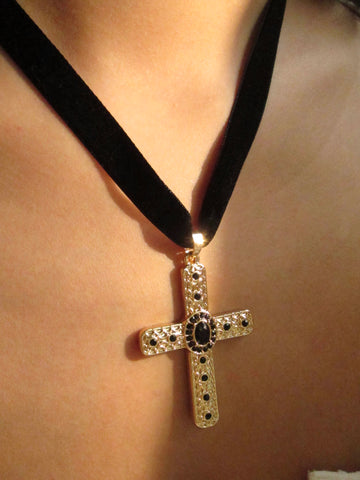 Gold Cross Pendant Suede String Necklace