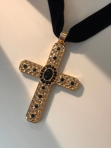 Gold Cross Pendant Suede String Necklace