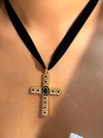 Gold Cross Pendant Suede String Necklace